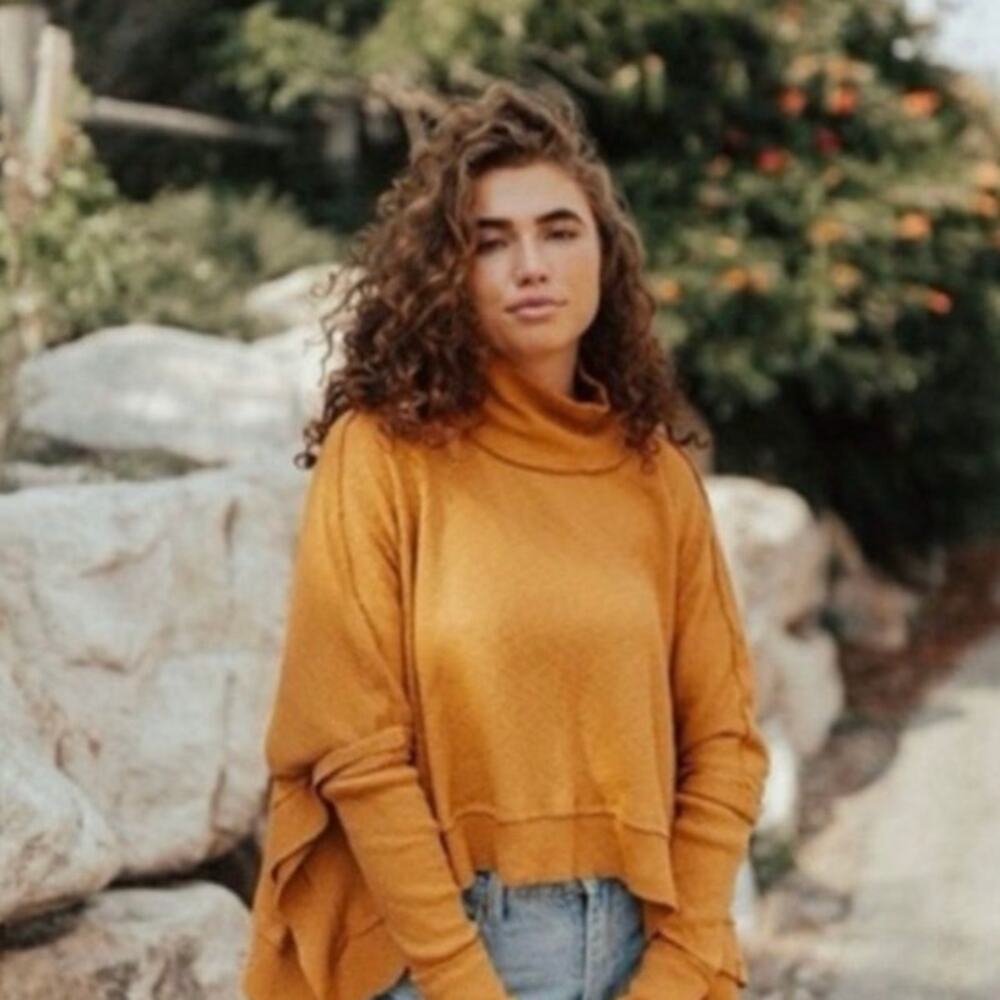 Free People We The Free Sunbaby Mock Neck Thermal Top Brown XS Oversized